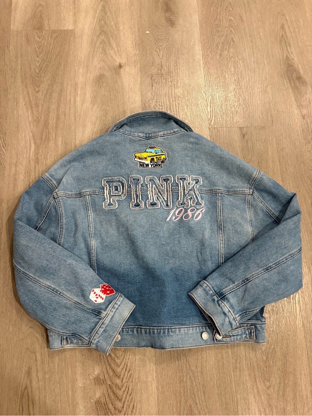 PINK Victoria's Secret Light Blue Denim Jacket with Embroidered Back